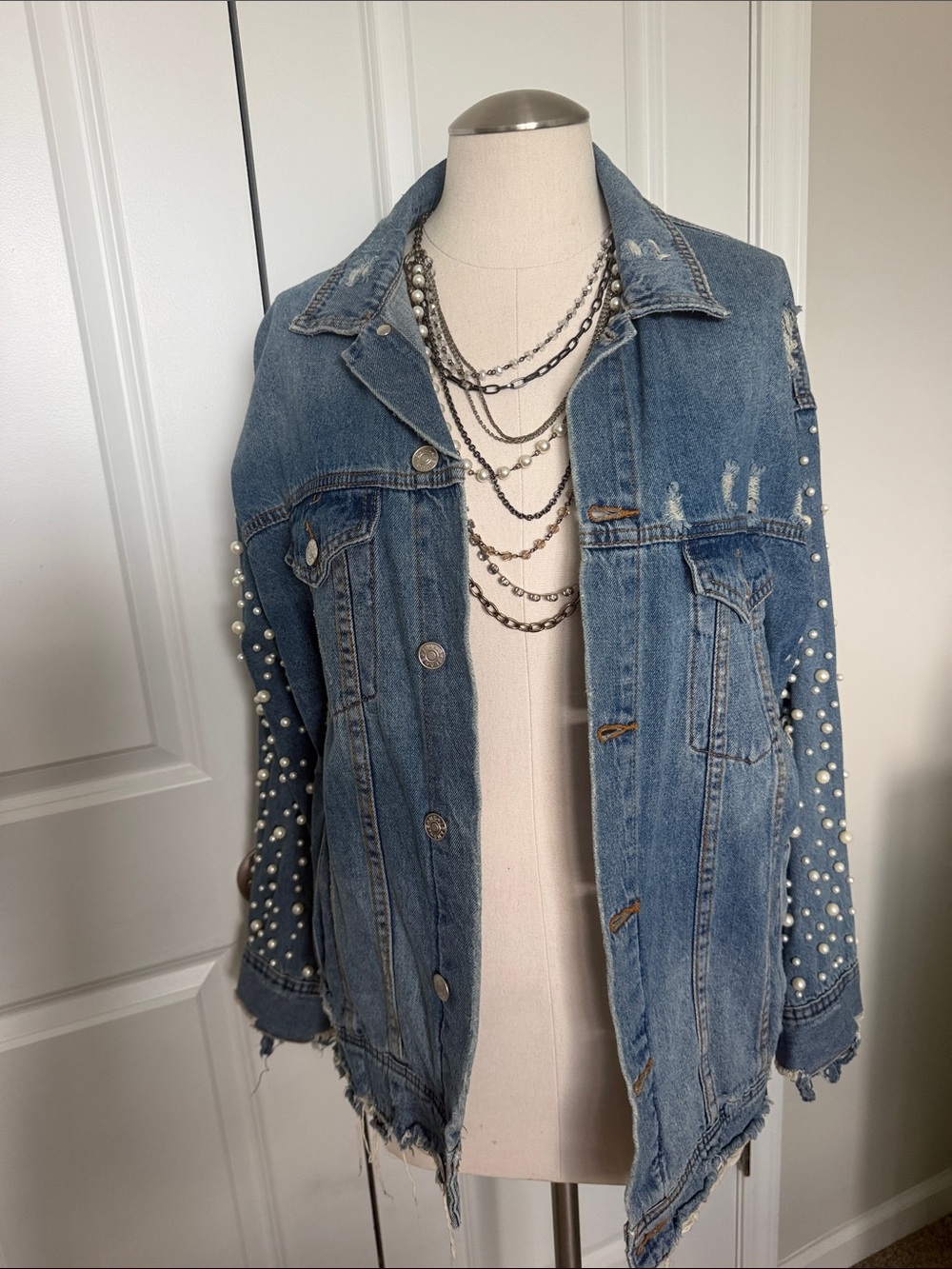 Pearl-Embellished Distressed Blue Denim Jacket - Women